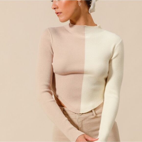 0SO ME Color Block Fitted Crop Sweater Top Two-Tone Ribbed Sweater Sz Sm Md - Picture 10 of 14